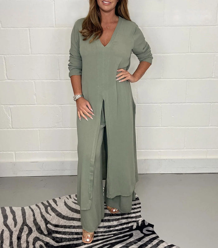 Women's V-Neck Tunic Wide-Leg Trouser Lounge Set