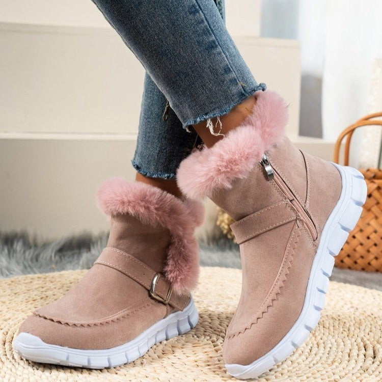 Faux suede snow boots with buckle strap