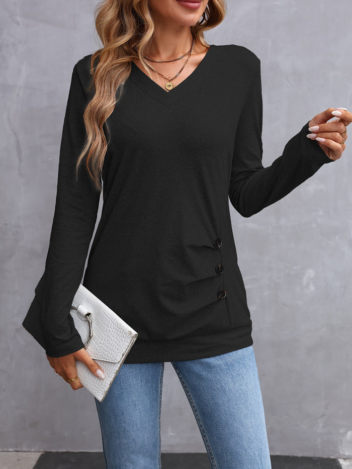 Women's V-Neck Long Sleeve Top with Side Buttons