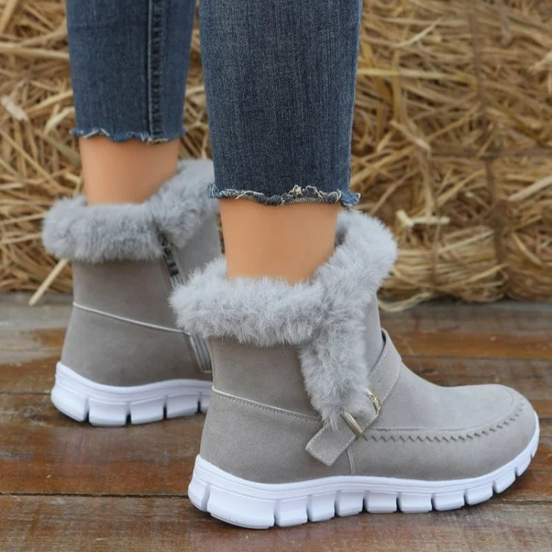 Faux suede snow boots with buckle strap