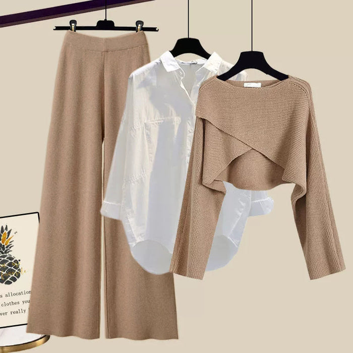 Women's 3-Piece Coordinated Outfit Wide Leg Trousers Jumper Shirt