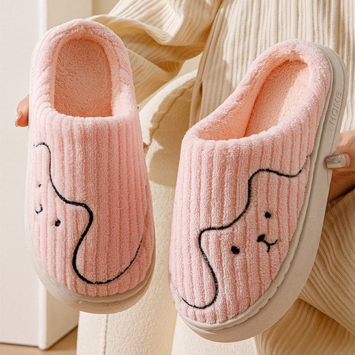 Plush slippers with embroidered puppy face