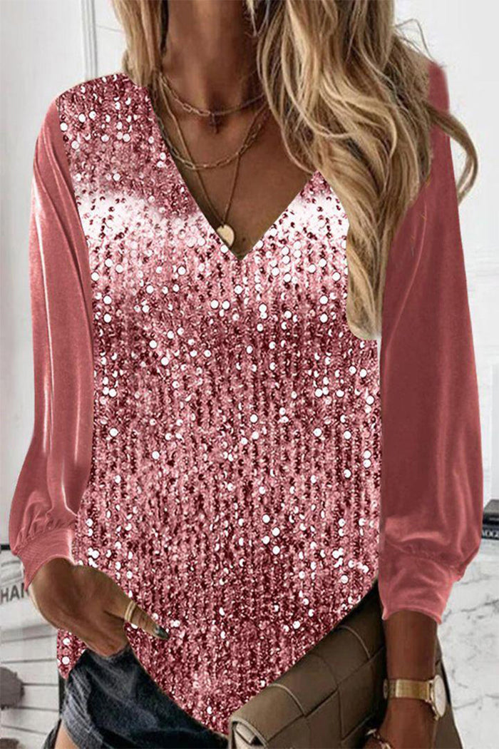 Women's Sequin V-Neck Top with Long Sleeves
