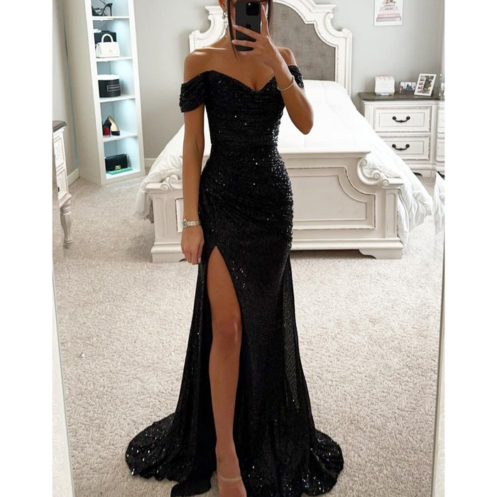 Lottie | Sequin Evening Dress with Off-Shoulder Neckline and Split