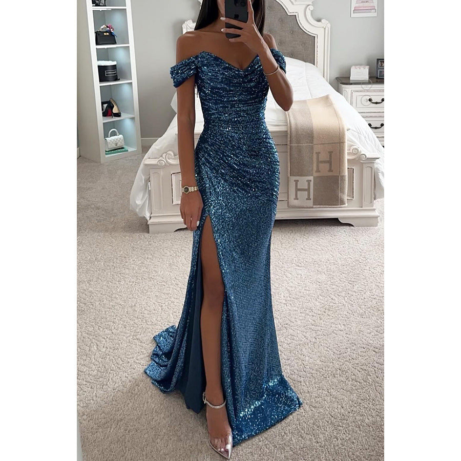 Woman in off-shoulder sequin evening gown