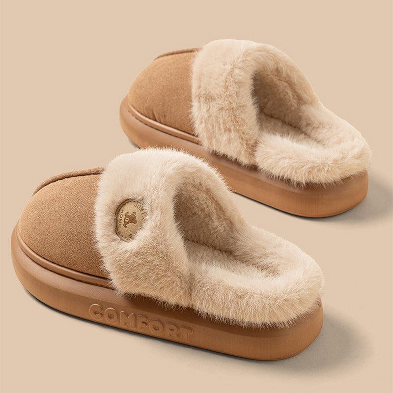 Fluffy platform slippers with fur collar
