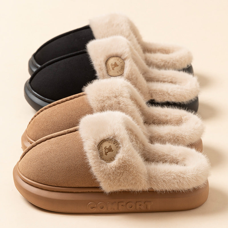 Fluffy platform slippers with fur collar