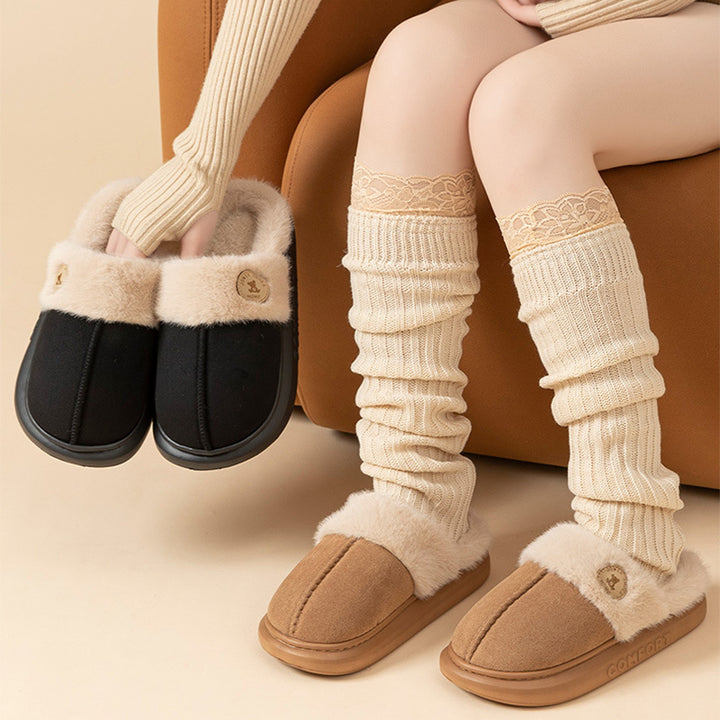 Fluffy platform slippers with fur collar