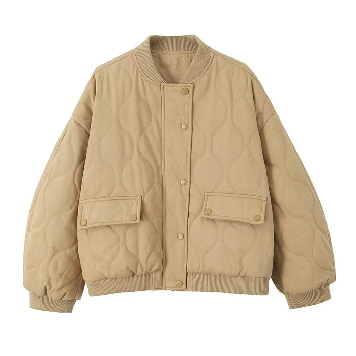 Women's Oversized Quilted Bomber Jacket Ribbed Collar