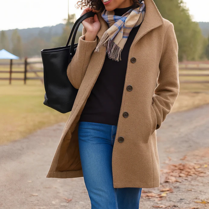Women's Long Button-Front Coat with Notch Lapels