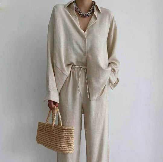 Women's Two-Piece Set Button-Down Shirt Straight Trousers