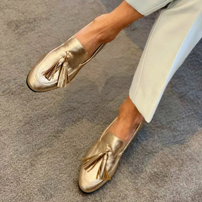 Women's Tassel Loafers Slip-On Shoes Metallic Gold