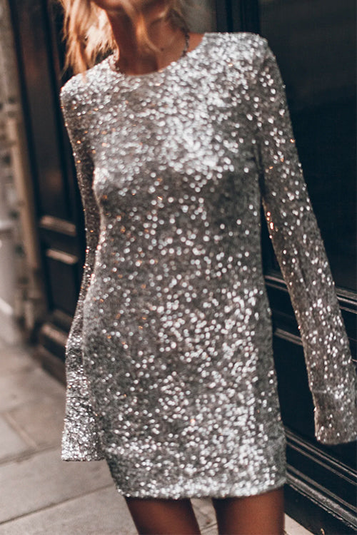 Women's Sequin Mini Dress with Keyhole Back and Long Sleeves