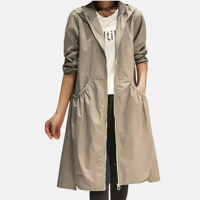 Women's Hooded Knee-Length Raincoat with Zip Fastening