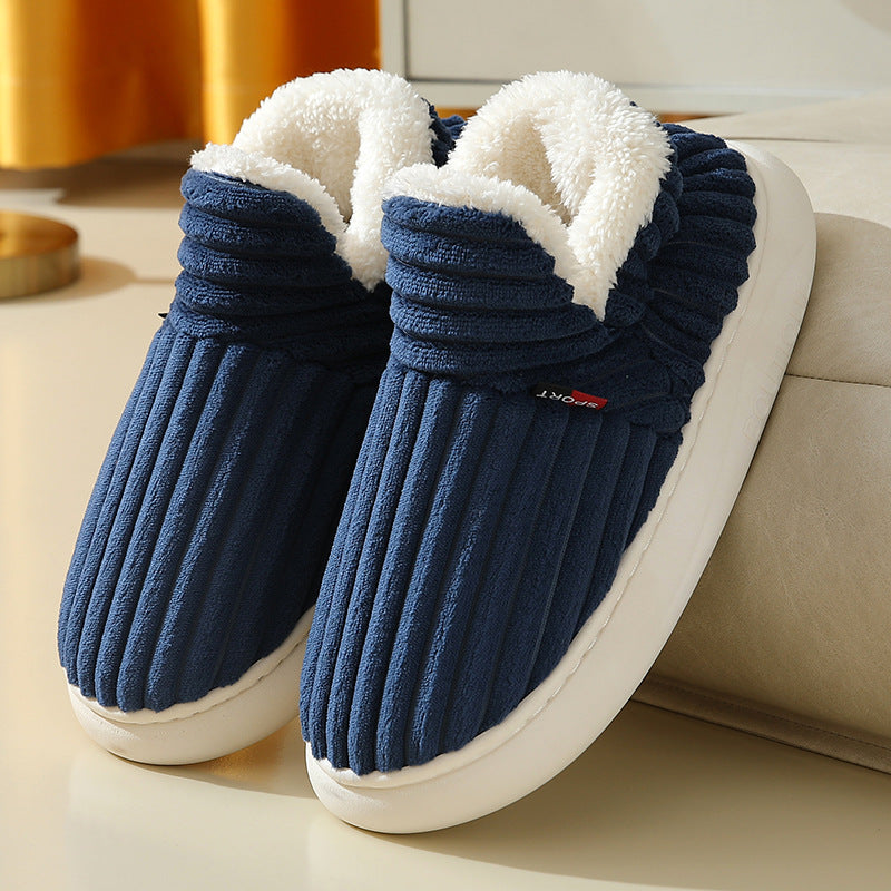 Ribbed plush house shoes with fleece collar