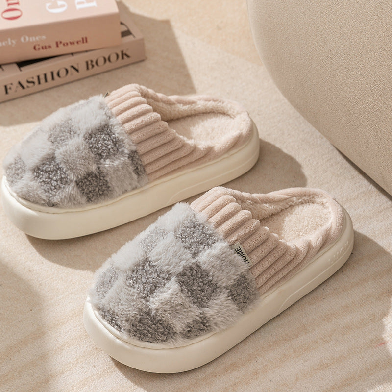 Checked plush house slippers