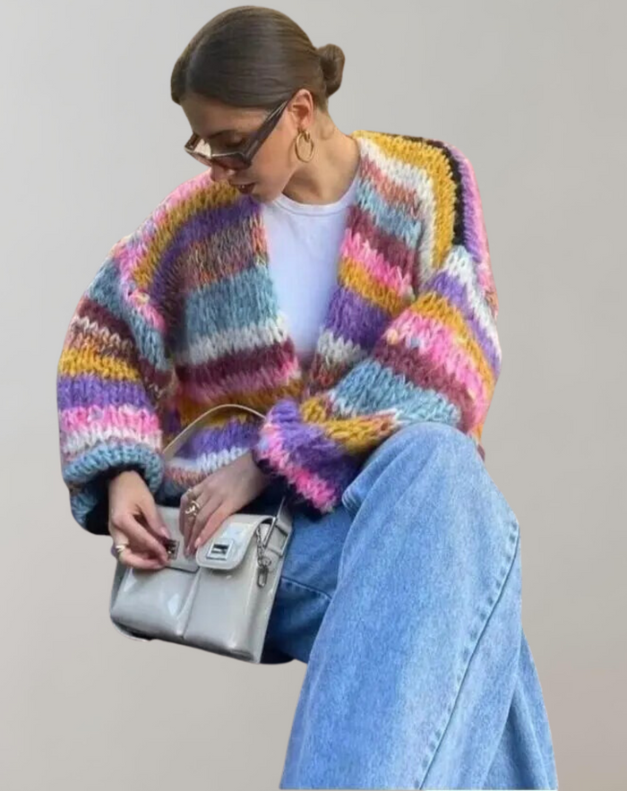 Women's Multicolour Chunky Knit Cardigan Open Front
