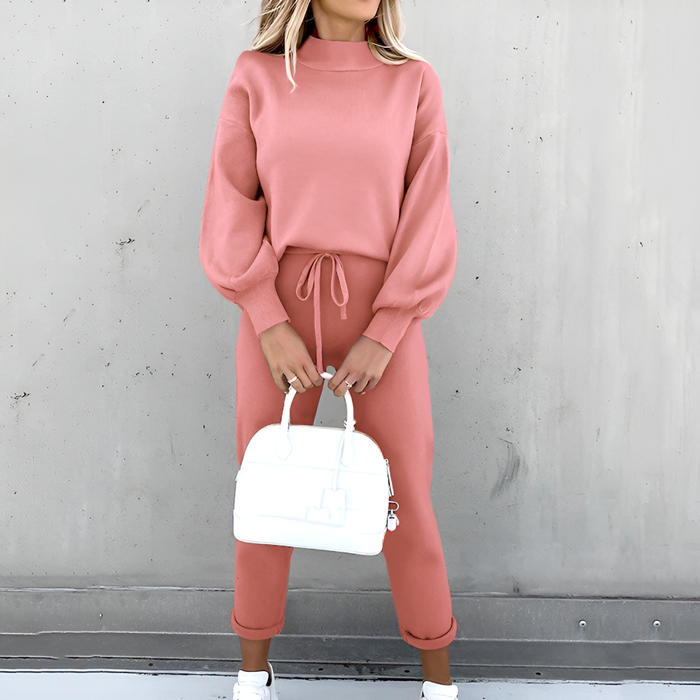 Women's Turtleneck Loungewear Set with Lantern Sleeves