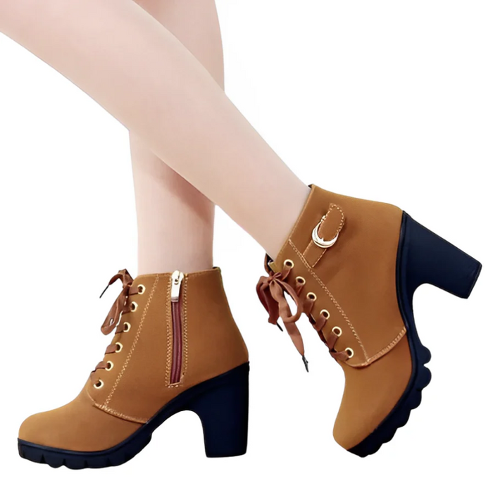 Women's Lace-Up Ankle Boots with Block Heel and Chunky Sole