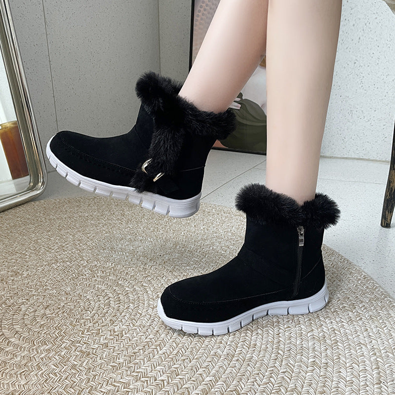 Faux suede snow boots with buckle strap