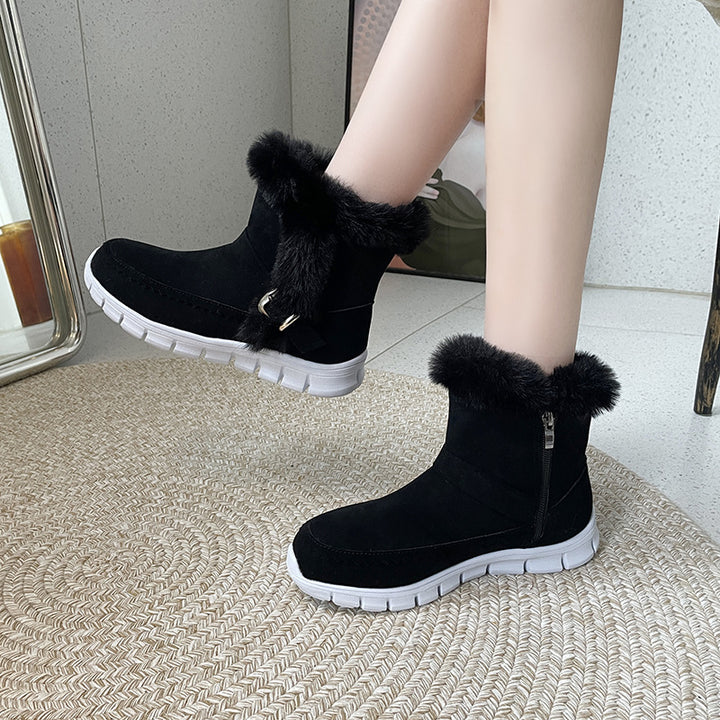 Faux suede snow boots with buckle strap