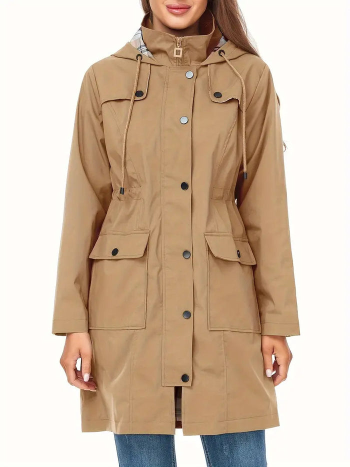 Women's Hooded Parka with Drawstring Waist and Button Front