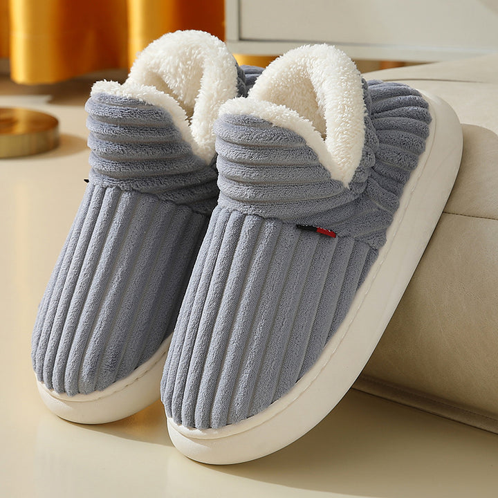 Ribbed plush house shoes with fleece collar