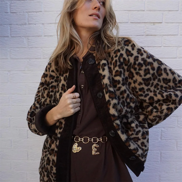 Women's Leopard Print Jacket with Round Neck Button Front