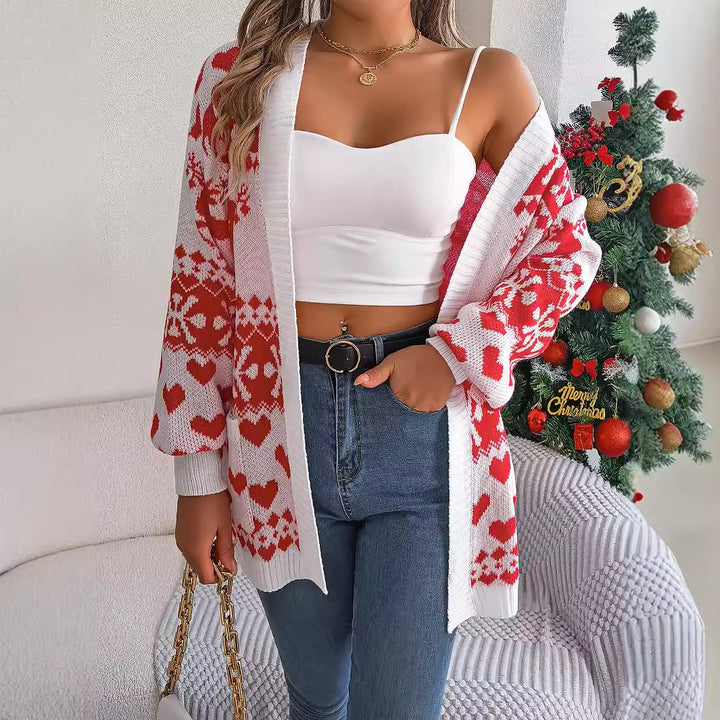 Woman in a reindeer Christmas cardigan