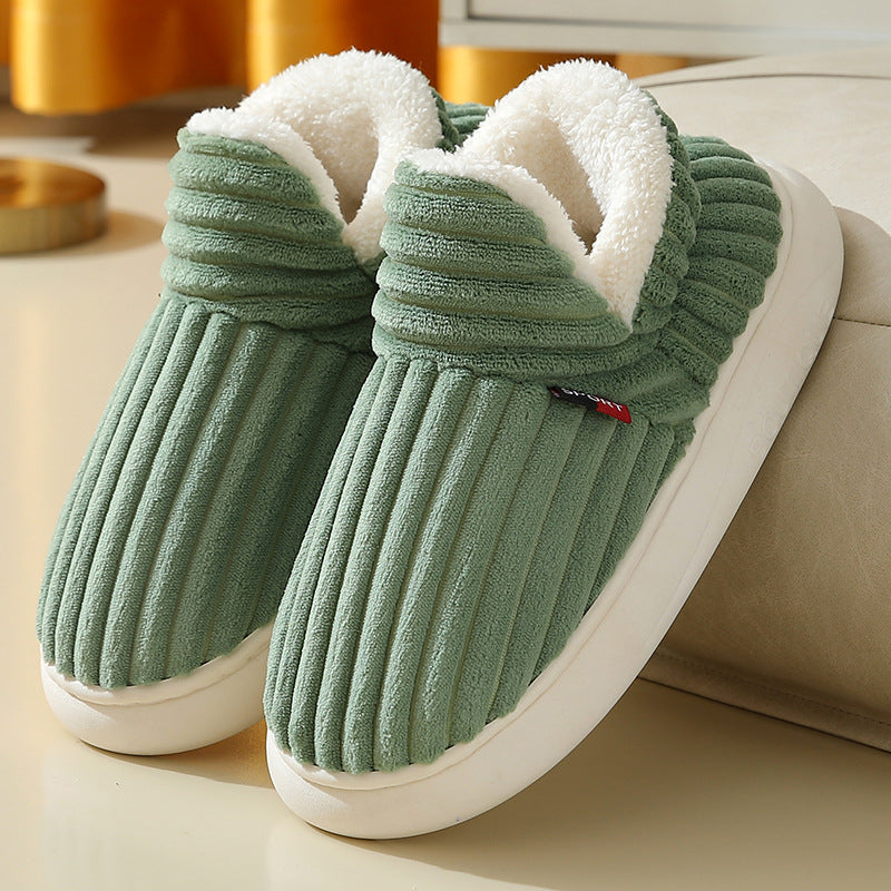 Ribbed plush house shoes with fleece collar