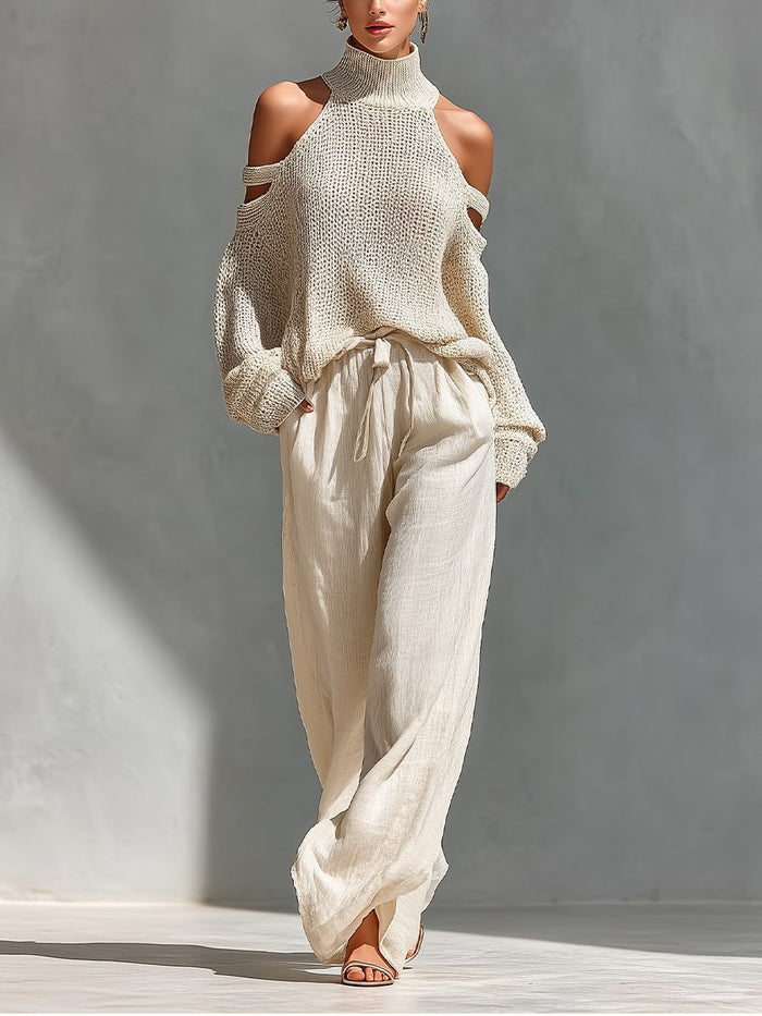 Women's Cold-Shoulder Two-Piece Set with Wide-Leg Trousers