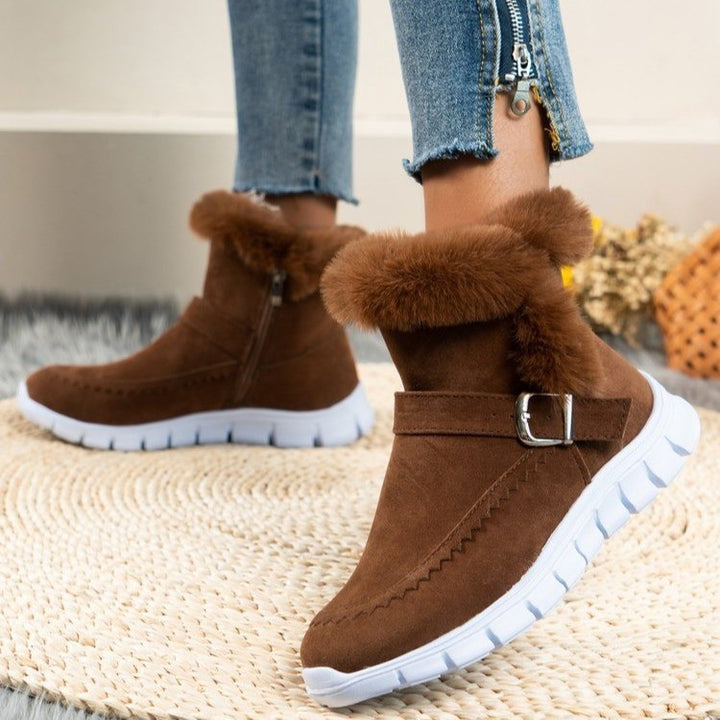 Faux suede snow boots with buckle strap