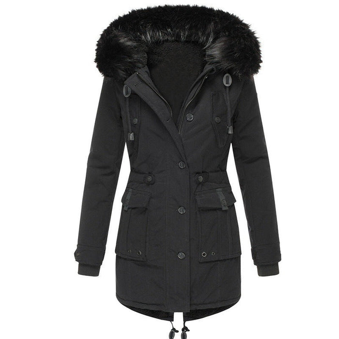 Women's Hooded Parka with Faux Fur Trim Button Front