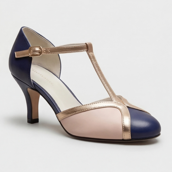 Women's T-Strap Closed Toe Heels with Metallic Detail