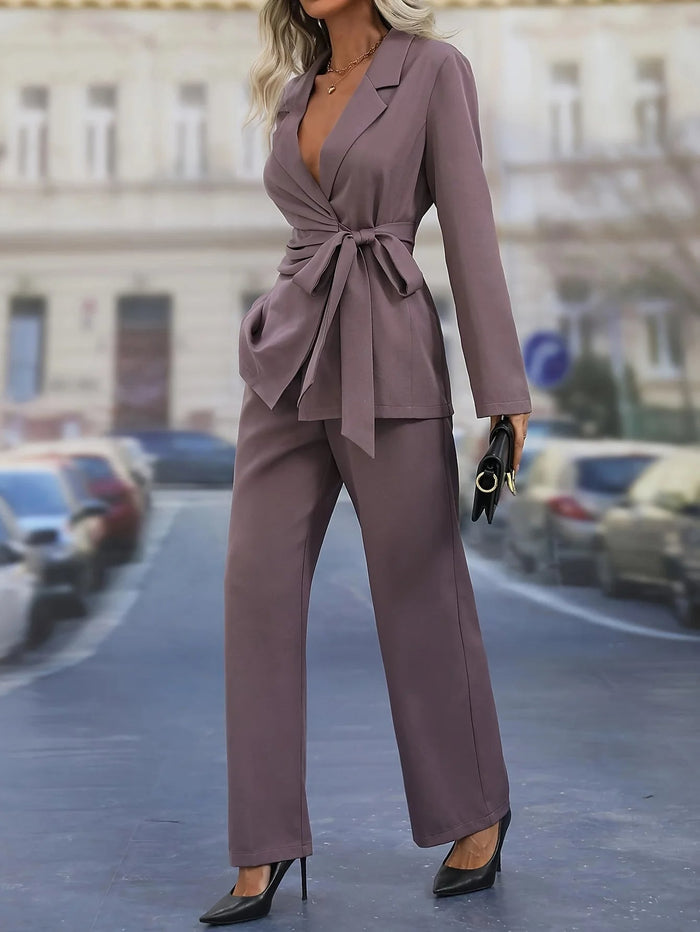 Women's Tailored Blazer and Wide-Leg Trouser Set with Belt