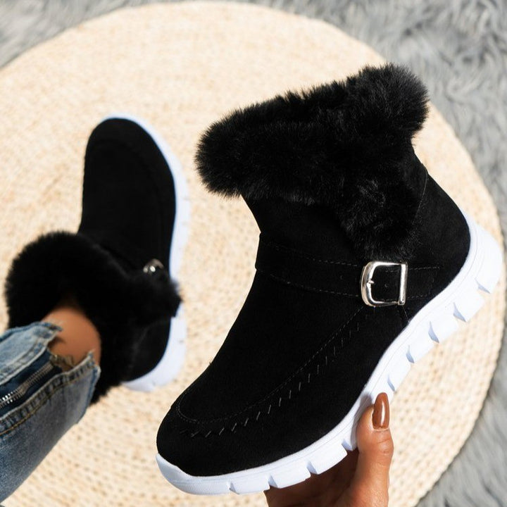 Faux suede snow boots with buckle strap