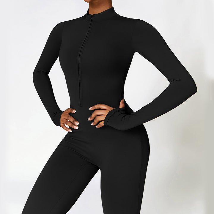Woman in a zip-front yoga jumpsuit
