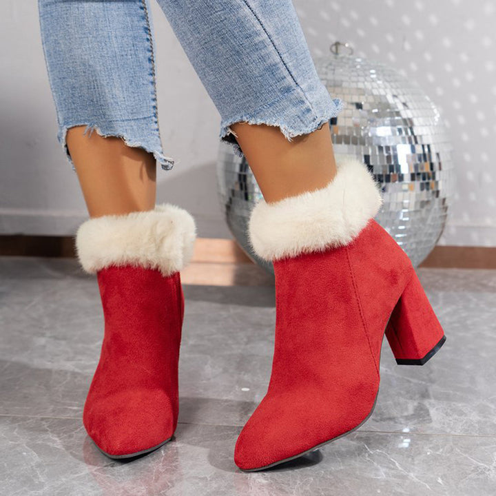 Pointed toe ankle boots with fluffy cuff