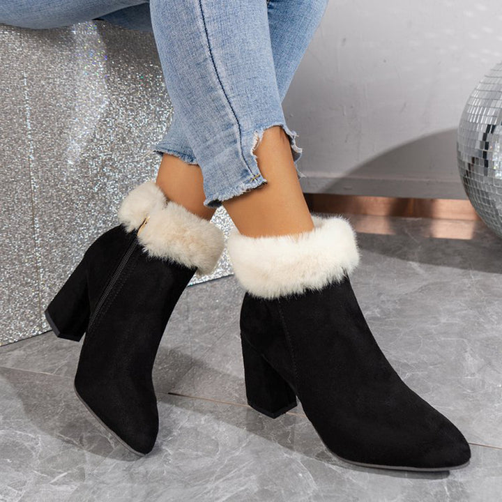 Pointed toe ankle boots with fluffy cuff
