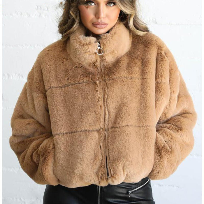 Women's Cropped Faux Fur Jacket with High Collar