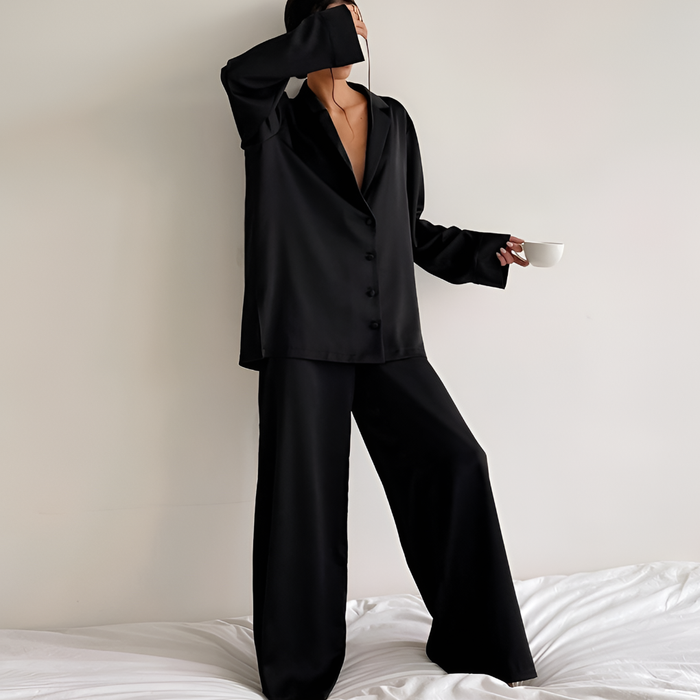 Women's Wide-Leg Loungewear Set with Button-Up Shirt