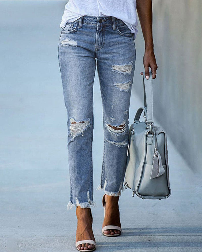 Women's Distressed Straight Leg Jeans with Ripped Detail