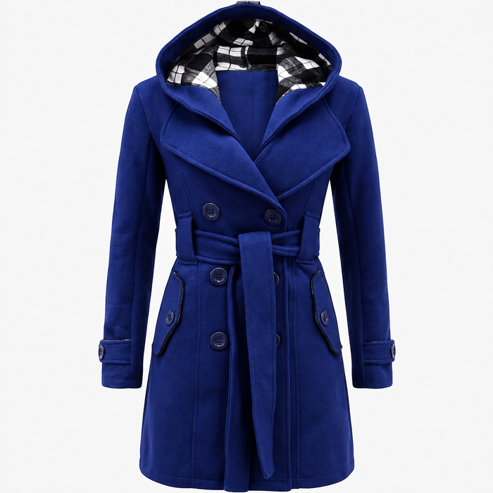 Women's Double-Breasted Trench Coat with Hood and Waist Belt