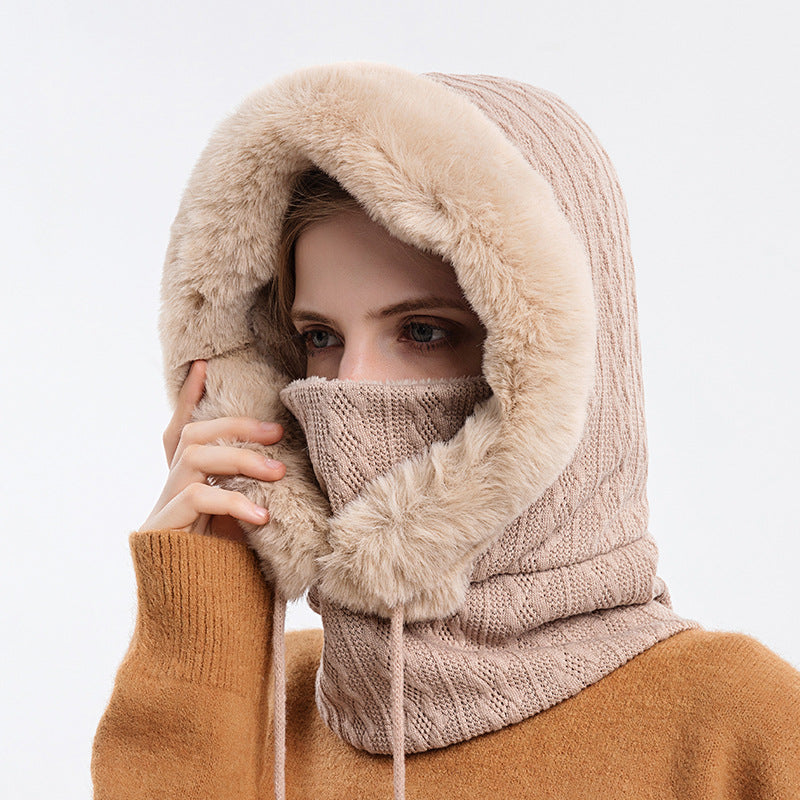 Knitted hood with faux fur trim