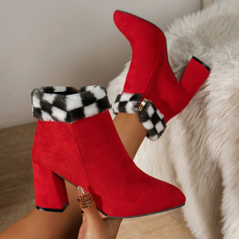 Pointed toe ankle boots with fluffy cuff