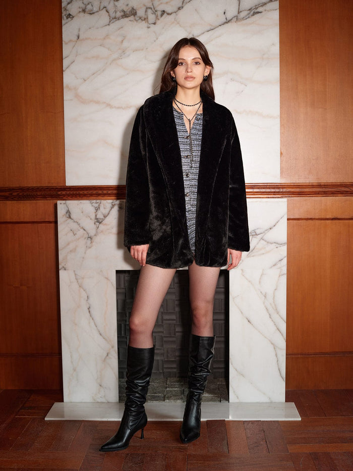 Women's Long Faux Fur Jacket with Open Front