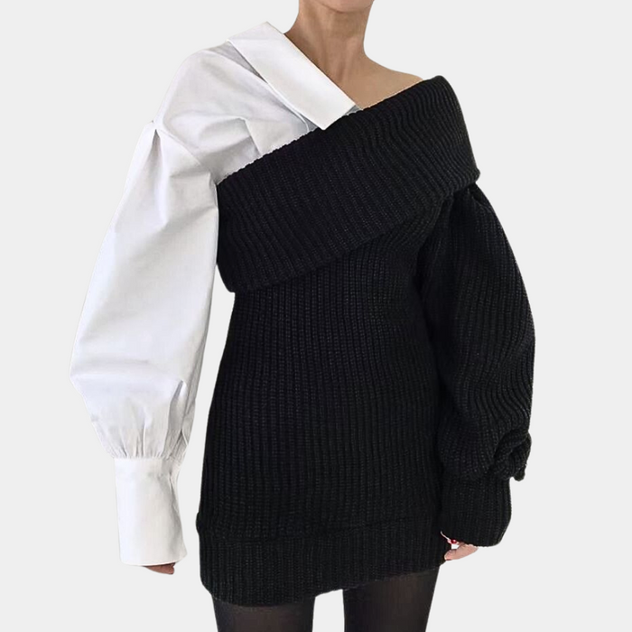 Women's Off-Shoulder Knit Dress with Contrasting Sleeve
