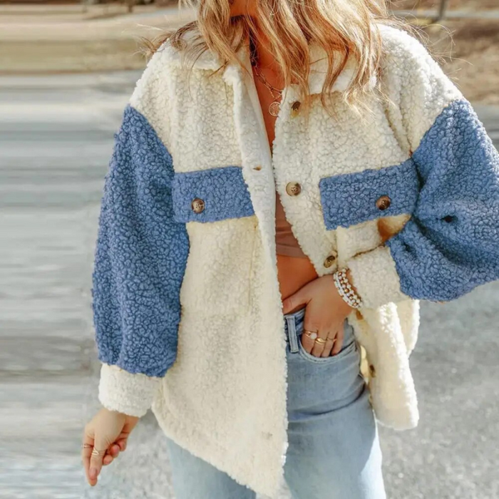 Women's Colour Block Teddy Jacket with Button Front