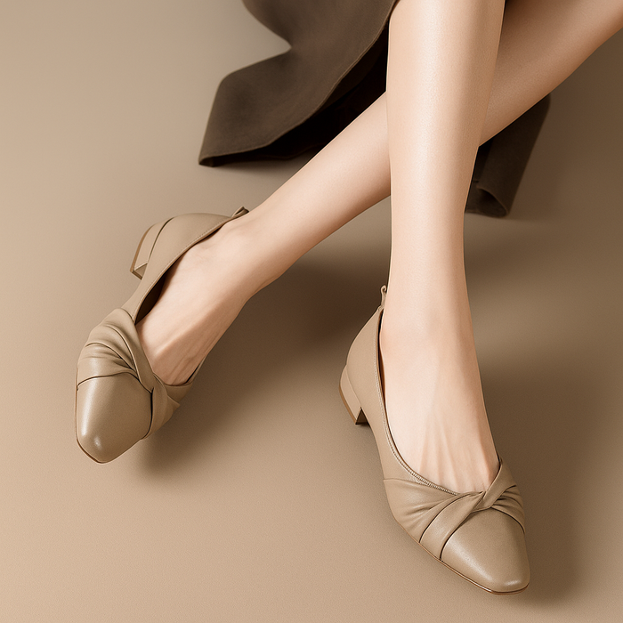 Women's Pointed-Toe Leather Ballet Flats with Low Block Heel