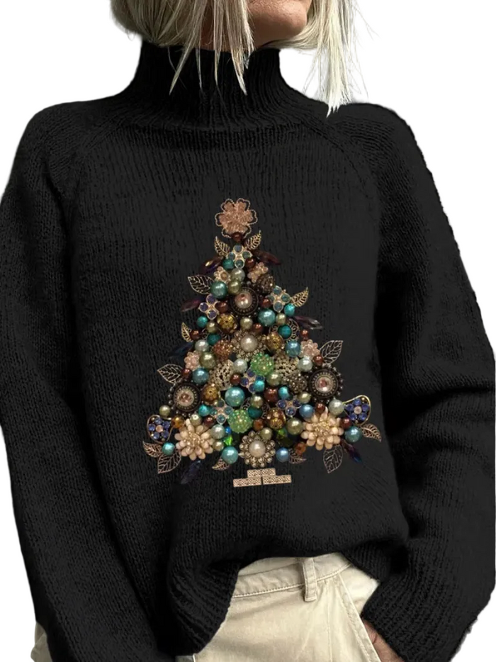 Women's Embellished Christmas Tree Jumper Turtleneck